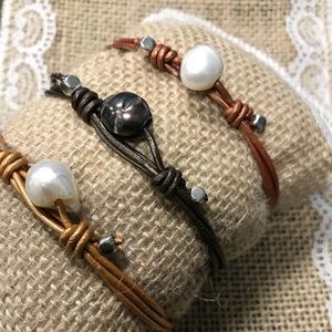 Metallic leather and pearl bracelets set of 3
